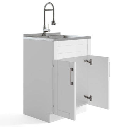 SIMPLIHOME Hennessy All-in-One 24 inch Wide Utility Sink and Laundry Cabinet in Pure White Finish, Transitional Stainless Steel Sink Cabinet for Laundry Rooms with High-Arch Chrome Faucet and Storage