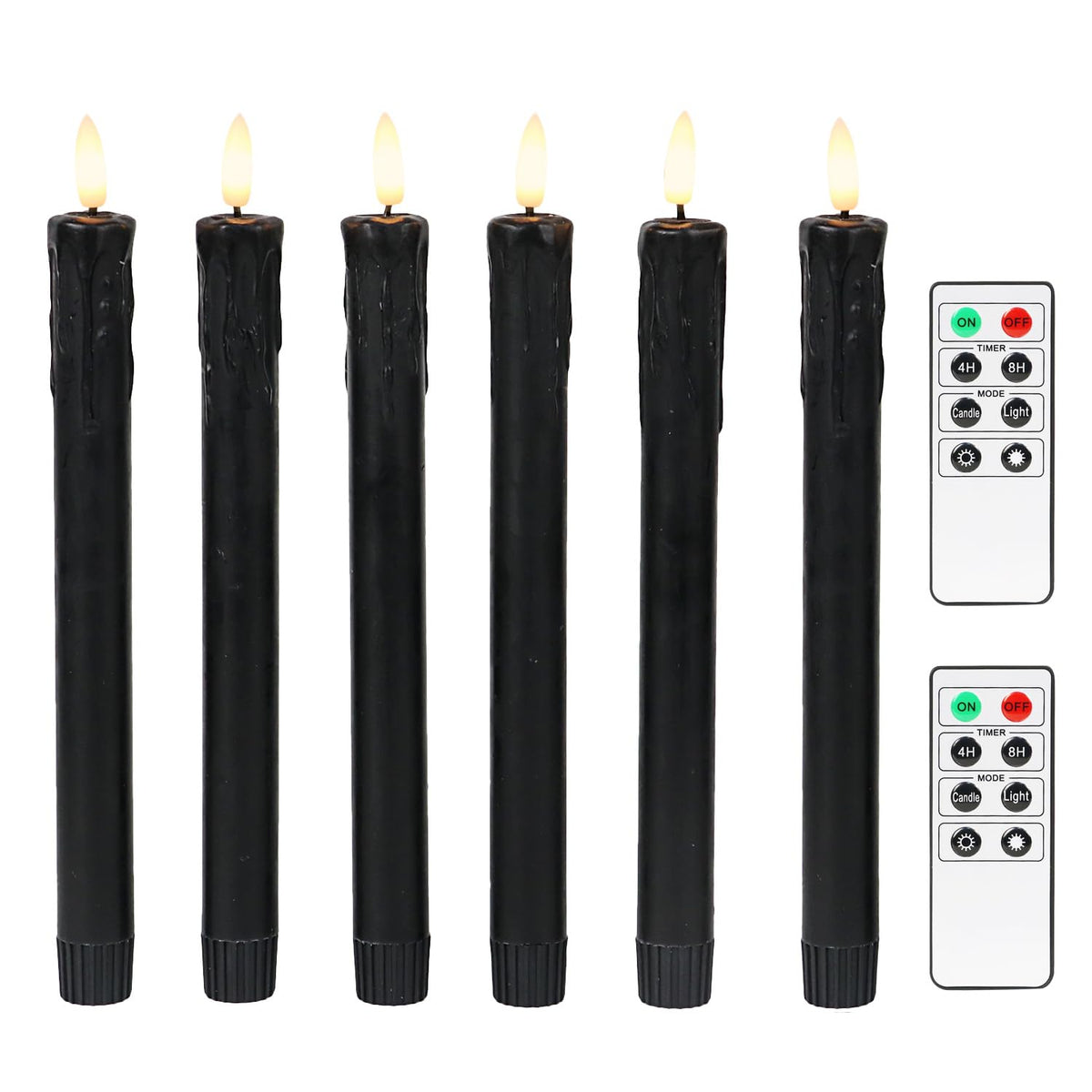Fanna Black Flameless Taper Candles for Halloween with 2 Remotes, Real Wax Battery Operated Candles with Timer, Warm White Light, 10" Set of 6