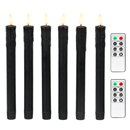 Fanna Black Flameless Taper Candles for Halloween with 2 Remotes, Real Wax Battery Operated Candles with Timer, Warm White Light, 10" Set of 6