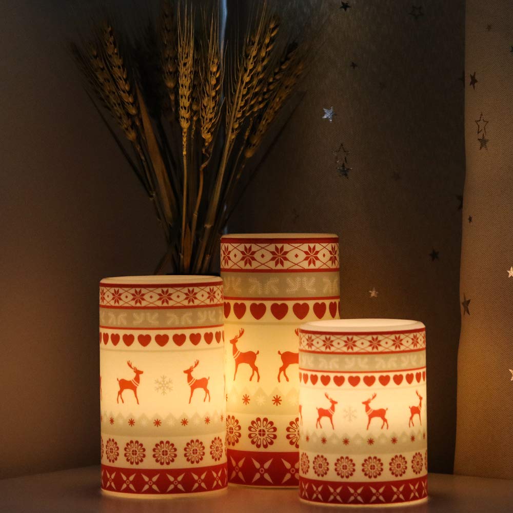 GenSwin Flameless Flickering Led Candles Battery Operated with 6 Hours Timer, Real Wax Pillar Candles Warm Light Love Deer Decal Decor Gift(Pack of 3)