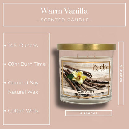 Becky Home Warm Vanilla 3 Wick Candle, 14.5oz, Large, Traditional, White, Glass Jar, 4" H x 4" D, 60+ Hour Burn Time, Indoor Use, 1 Count