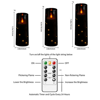 Sasigeiaa Flameless Candles with Embedded Star String - Battery Operated LED Candles, with Remote,12 Black Flickering Candles for Christmas, Weddings, Home Decor & Party,(D 2.3"×H 5" 6" 7")