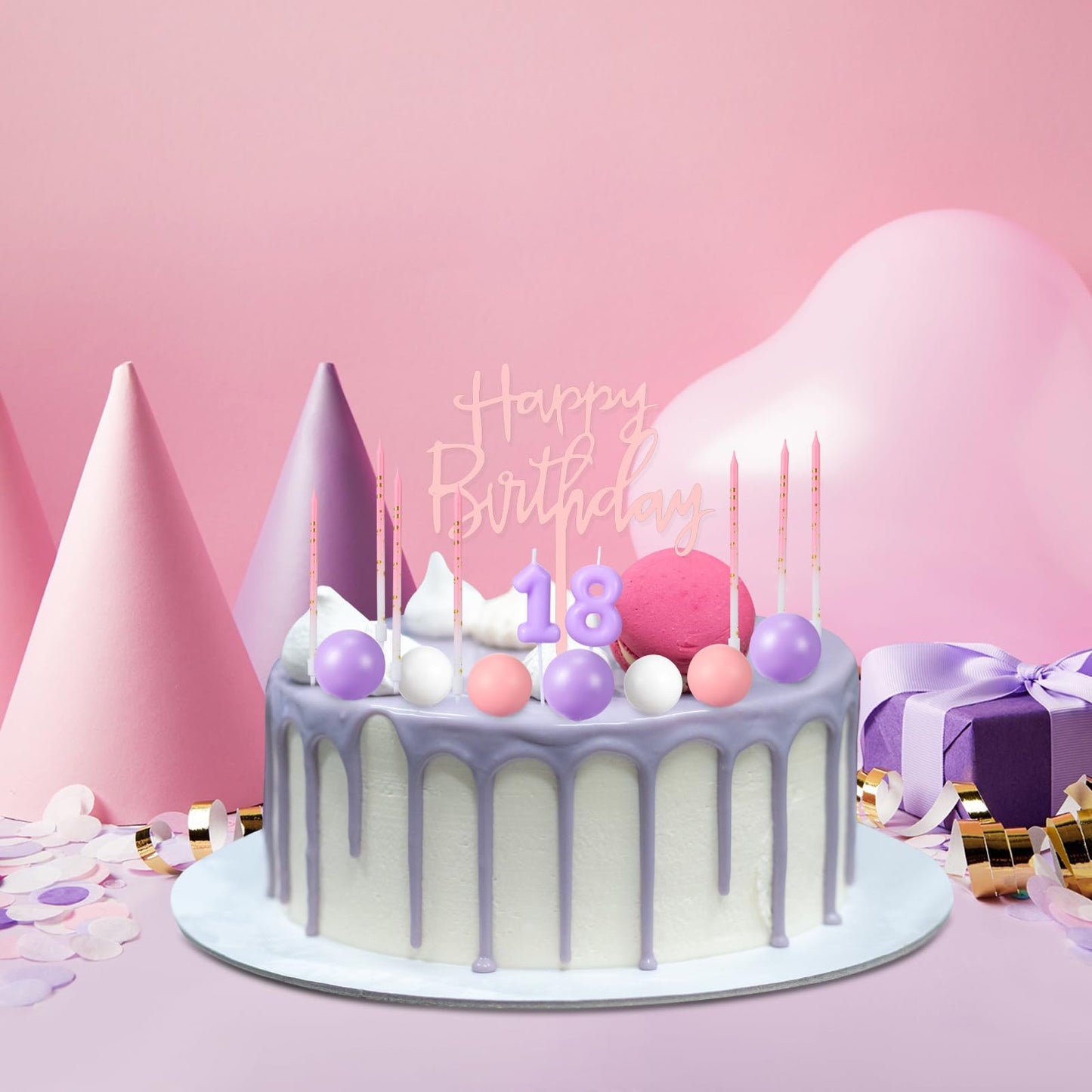 Yerliker 34 Pcs Happy Birthday Cake Toppers Decorations Birthday Candles DIY Cake Decor for Men Women Wedding Anniversary(Purple Pink)