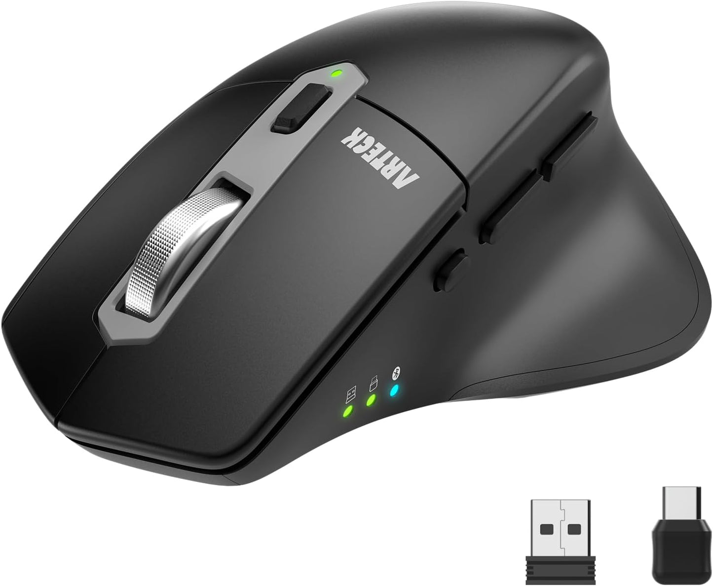 Arteck Multi-Device Wireless Bluetooth Mouse with Nano USB-A, USB-C Receiver Ergonomic Right Hand Silent Clicking Rechargeable Mouse for Computer Desktop PC Laptop Mac iPad and Windows 11/10 iPad OS