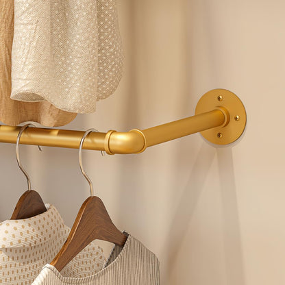 KaKaBB Heavy Duty Gold Pipe Clothing Rack - Wall Mounted Industrial Clothes Rack, DIY Corner Closet System with Shelves, Adjustable Walk-in Closet Organizer (GOLD, 94.5")
