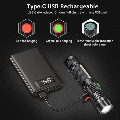 Hoxida Flashlight USB Rechargeable, Magnetic LED Flashlight, Super Bright LED Tactical Flashlight with Cob Sidelight, Waterproof, Zoomable Best Small LED Flashlight for Camping, Emergency Flashlights
