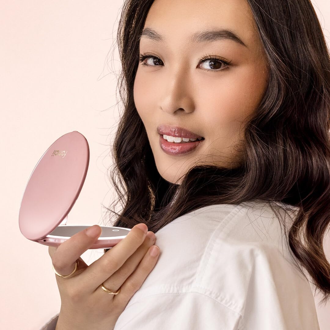 Fancii Mini Taylor Compact Magnifying Mirror with LED Light, 10x/1x, Rechargeable, 3 Light Settings, Dimmable - Small Lighted Travel Handheld Mirror for Pocket, Handbag, Purse, 2-Sided (Pink)