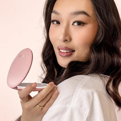 Fancii Mini Taylor Compact Magnifying Mirror with LED Light, 10x/1x, Rechargeable, 3 Light Settings, Dimmable - Small Lighted Travel Handheld Mirror for Pocket, Handbag, Purse, 2-Sided (Pink)