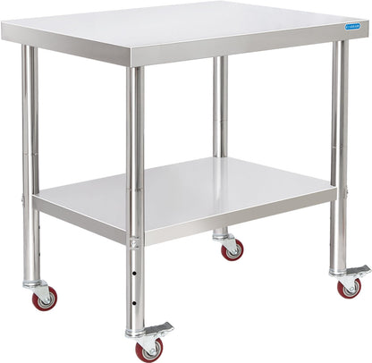 KUARBARR Stainless Steel Table for Prep & Work with 4 Caster Wheels with Adjustable Undershelf 24 x 30 NSF Metal Commercial Kitchen Worktable for Restaurant Home Outdoor