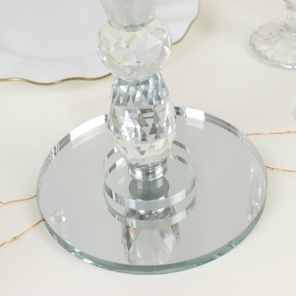 Efavormart Crystal 5-Arm Candelabra Taper Candle Holder with Hanging Prisms & Round Mirror Base – Faceted Cut Glass Design - 14" Tall