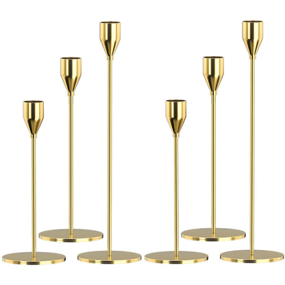 Gold Candle Holders 6Pcs/ 2 Set - Elegant Metal Candlestick Holders for 3/4 InchTaper & LED Candles, Weddings, Parties, Home Decor - Decorative Centerpieces for Table, Mantle, Fireplace