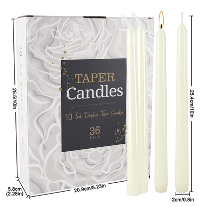 Grcdoyvl 36 Pack Ivory 10-Inch Taper Candles - Premium Dripless, Smokeless & Unscented for Wedding Decor, Romantic Dinner, Party & Home - Long Burning Hand-Poured Tall Candles with Clean Finish