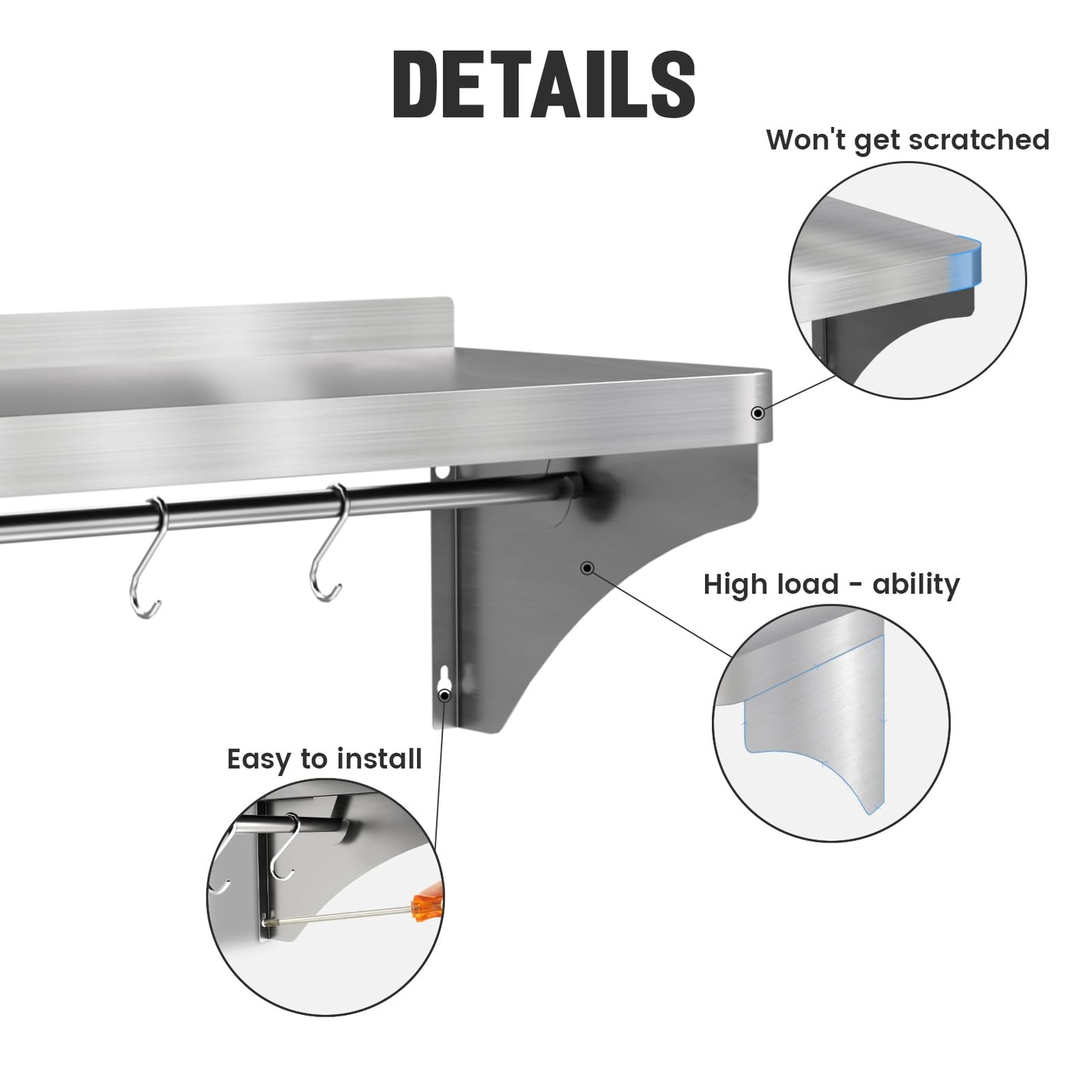 Commercial Stainless Steel Shelf 36" x 12" - 250lb Load Capacity, Heavy Duty Stainless Steel Wall Mounted Kitchen Shelf with Backsplash & 6 Hooks for Restaurant, Laundry