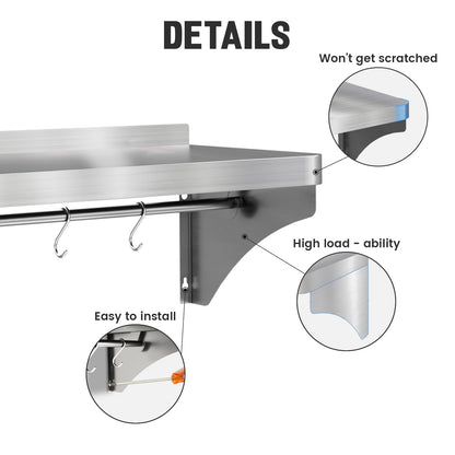 Commercial Stainless Steel Shelf 36" x 12" - 250lb Load Capacity, Heavy Duty Stainless Steel Wall Mounted Kitchen Shelf with Backsplash & 6 Hooks for Restaurant, Laundry