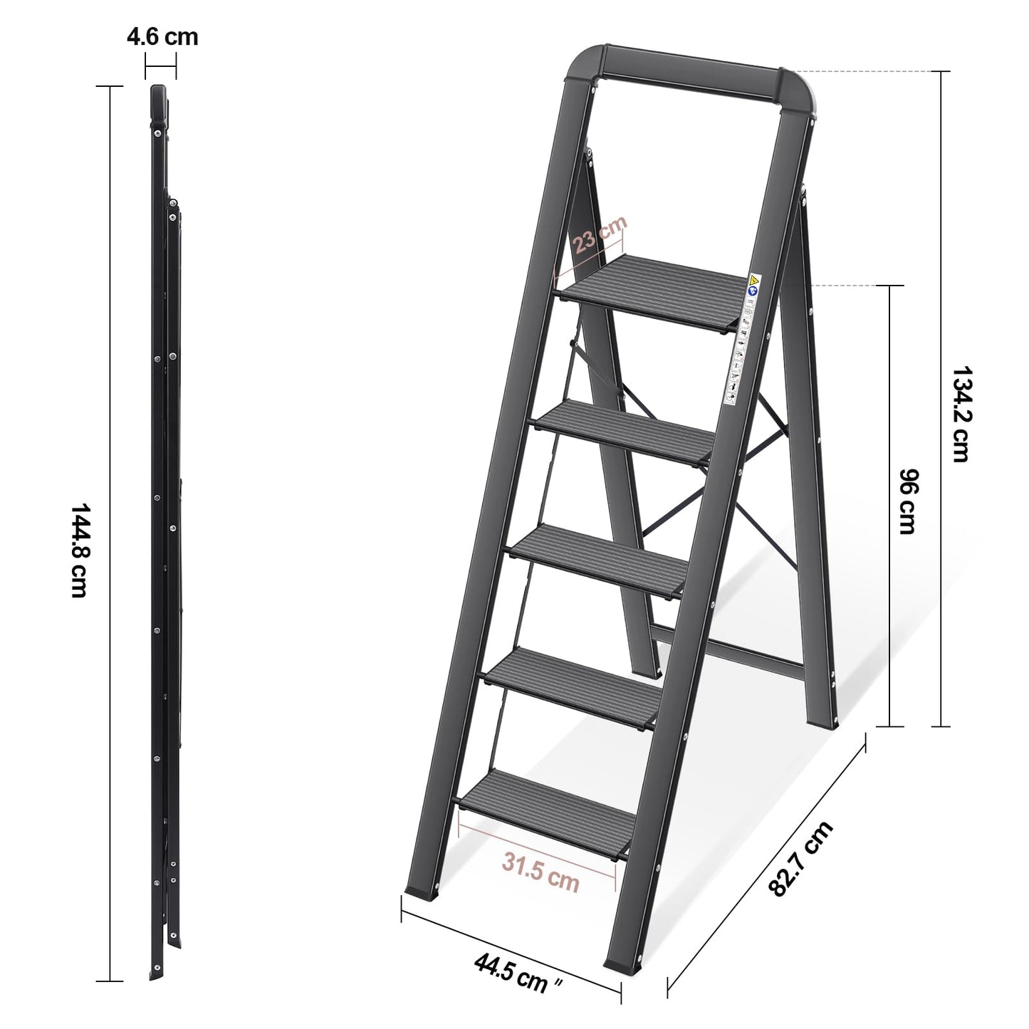 KINGRACK Aluminium 5 Step Ladder, Lightweight Step Stool with Non-Slip Pedals, Handrail, Folding Step Ladder for Kitchen, Garage, Home, Space Saving, Sturdy and Portable, Black