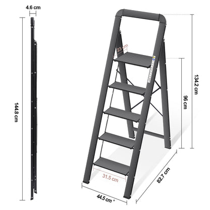 KINGRACK Aluminium 5 Step Ladder, Lightweight Step Stool with Non-Slip Pedals, Handrail, Folding Step Ladder for Kitchen, Garage, Home, Space Saving, Sturdy and Portable, Black