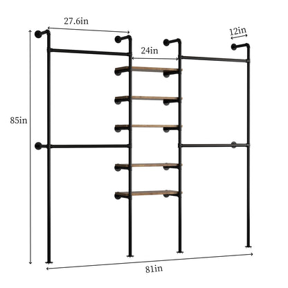 WTPLWD Industrial Pipe Clothing Racks with 5 Shelves, Wall Mounted Clothes Rack for Hanging Clothes, Black Wall Clothing Rack, Heavy Duty Clothes Rack for Walk in Closet, Laundry Room