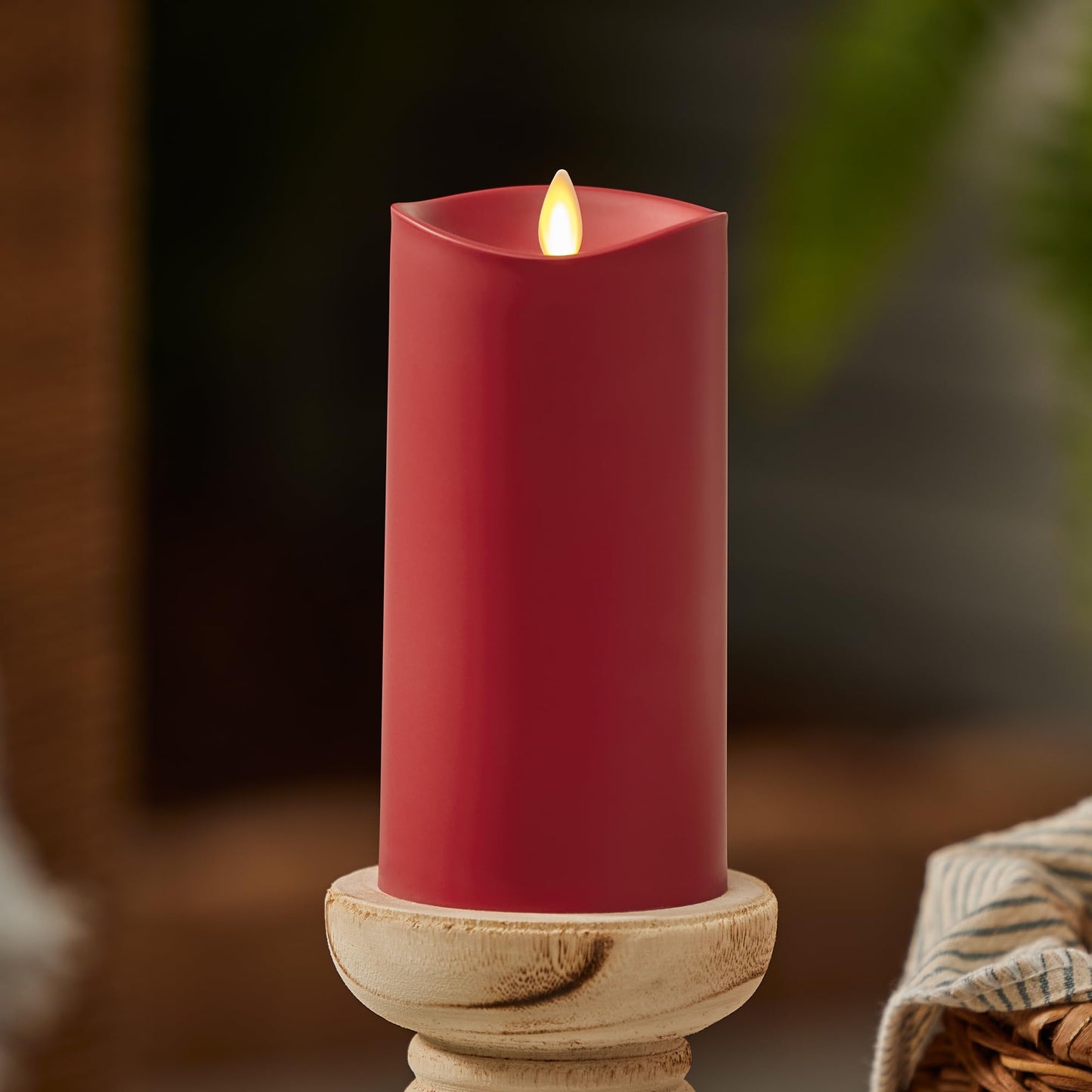 Luminara Outdoor Flameless LED Candle, Cherry Red 3.25" x 7", Moving Flame Pillar Timer Battery Operated Premium Plastic IPX4 Water Resistance