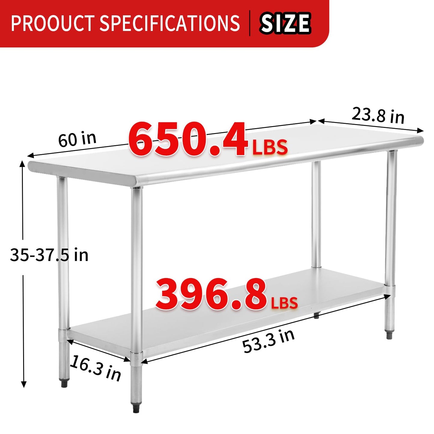 FDW Stainless Steel Table for Prep & Work 24 x 60 Inches, Commercial Heavy Duty Table with Undershelf and Adjustable Legs Food Prep Worktable for Restaurant, Kitchen