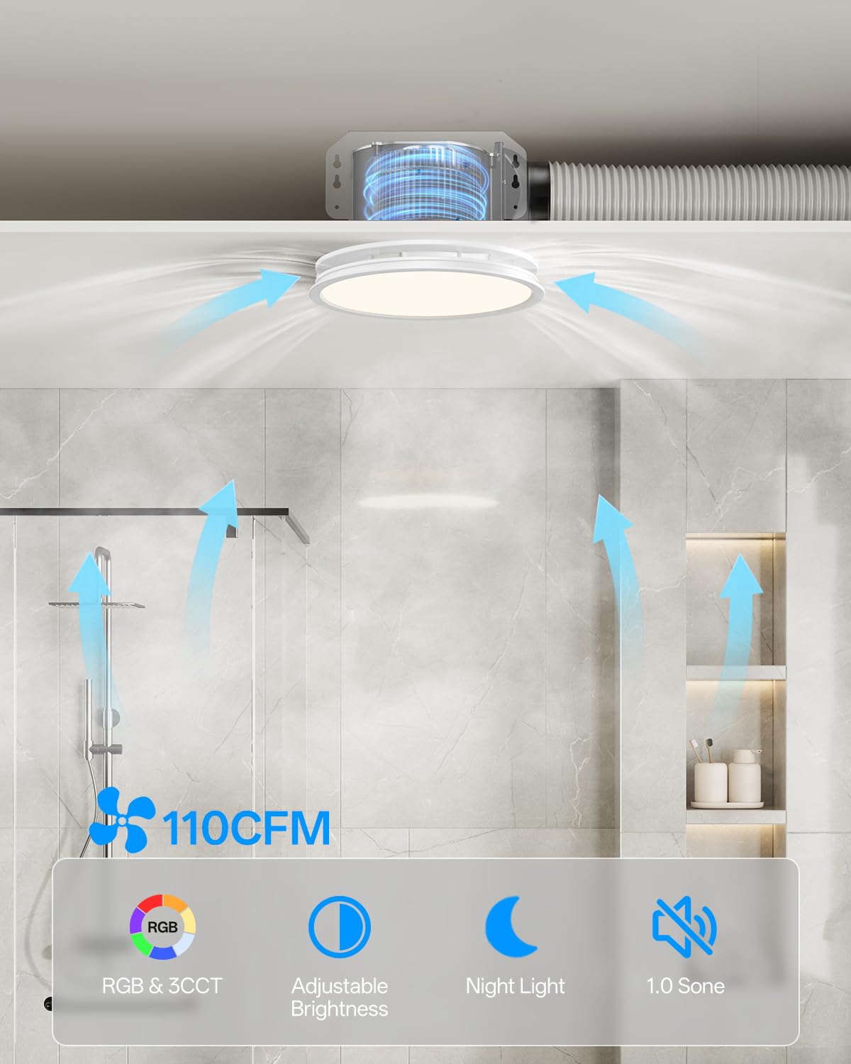 Bathroom Exhaust Fan with RGB Lights, 110CFM/1.0 Sones Vent Fan with 3 Color Temperatures, 5 Adjustable Brightness, Easy to Install, Remote Control, Quiet Ventilation Fan for Bath, Shower, Attic