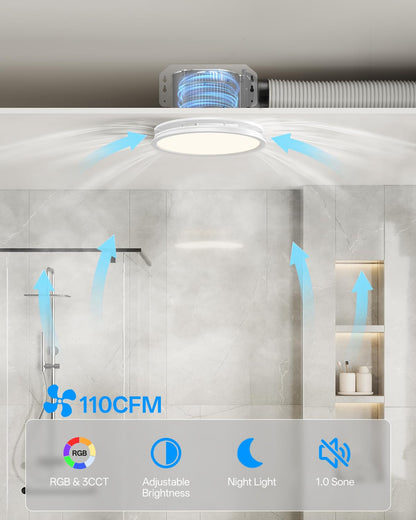 Bathroom Exhaust Fan with RGB Lights, 110CFM/1.0 Sones Vent Fan with 3 Color Temperatures, 5 Adjustable Brightness, Easy to Install, Remote Control, Quiet Ventilation Fan for Bath, Shower, Attic