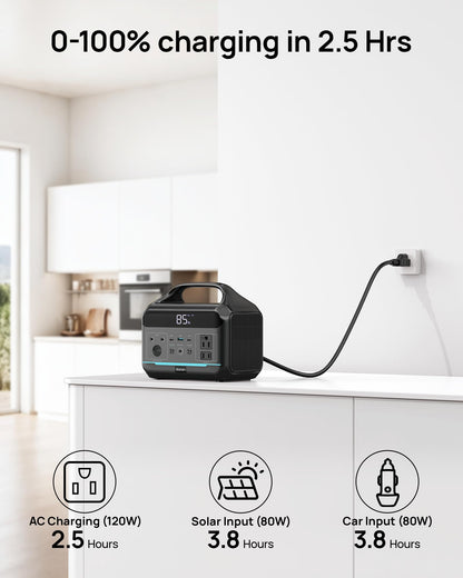Portable Power Station 288Wh LiFePO4 Battery, 600W Power Bank with AC Outlet Fast Charging 8.4LB Lightweight Solar Generator with Multi-Port Output for Outdoor Camping, Travel, and Emergency Backup