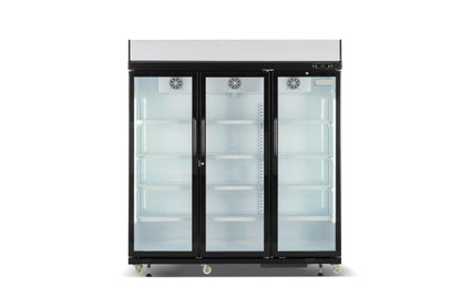 Frigidaire Commercial, 70.9" Triple Door Glass Display Refrigerator, Merchandiser Fridge, 49 Cu Ft, LED Lighting, 8 Wire Shelves, Digital Temperature Control, Self-Closing Glass Doors