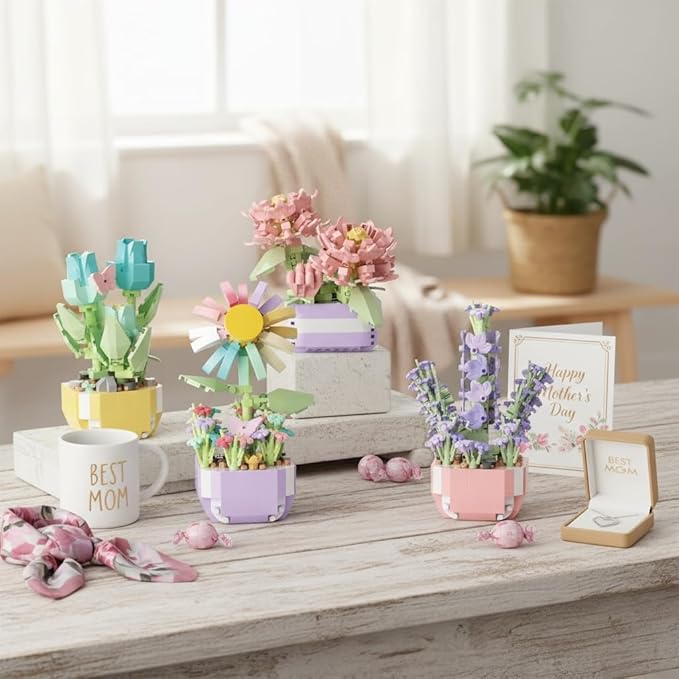 Mini Flower Bouquet Building Sets - Botanical Collection Artificial Flowers for Home Decor Creative Easter Gifts for Teens Girls &amp Adults (Chrysanthemum sunflower tulip lavender set of four)