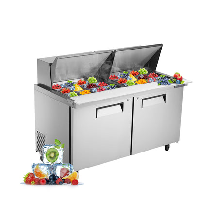JINSONG 60" Refrigerator Sandwich & Salad Prep Table, Stainless Steel Refrigerated Food Prep Station, 16.4 cu. ft with Cutting Board and 16 Pans for Restaurants, Bar, Shops, etc