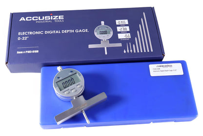 Accusize Industrial Tools - 0-22 inch Electronic Digital Depth Gauge, Inch/Metric/Fractional, 2 Extra Points for Small Hole Applications, P103-0188