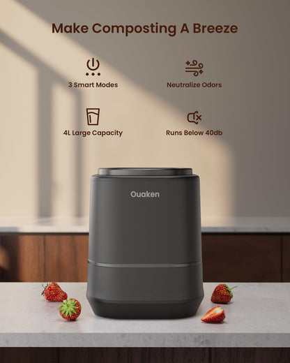 Ouaken 4L Electric Composter for Kitchen, Smart Countertop Compost Bin, Odorless | Low Noise | Auto-Cleaning | Turn Food Waste into Fertilizer, Indoor Food Waste Compost Machine, Black