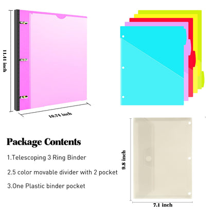 INFUN 1 Inch 3-Ring Telescoping Project Organizer Binder,13 Pocket, Customizable Front Cover, 5 Colors Pocket Divider and Plastic Binder Pocket，225 Sheet Capacity-Pink