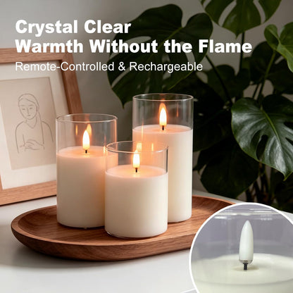 Rechargeable Flameless Glass Pillar Candles – Real Wax Flameless Candles Home Decorations,–Set of 3, Realistic Flickering LED Light,Remote & Timer, Ideal for Living Room, Bedroom & Festival Décor