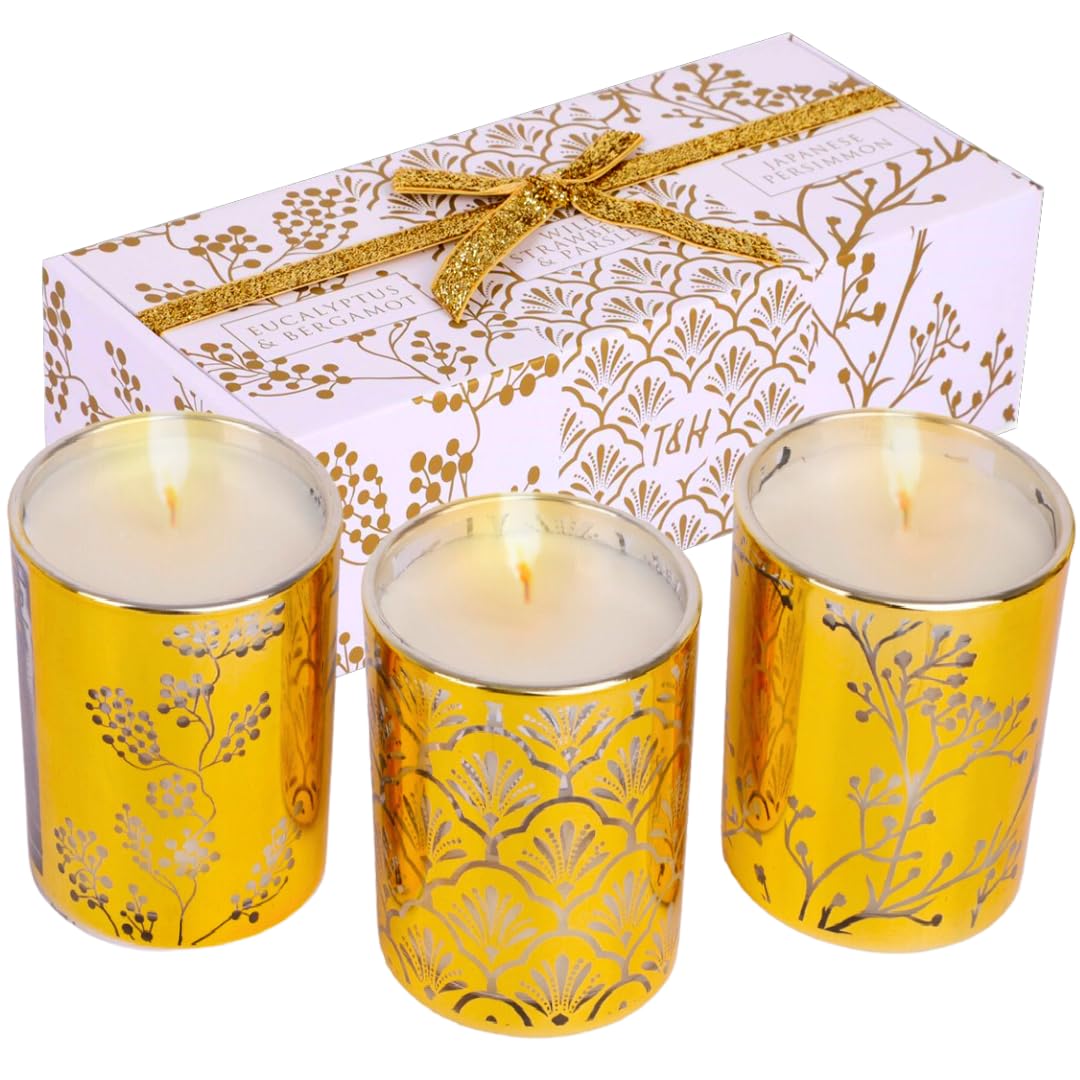 Aromatherapy Candle Gift Set of 3 Scented Candles | Strawberry Parsley, Persimmon, Eucalyptus Bergamot Soy Candles Set, Gold Candle Gifts, Relaxing Aromatherapy Candles Gift Set for Women and Men