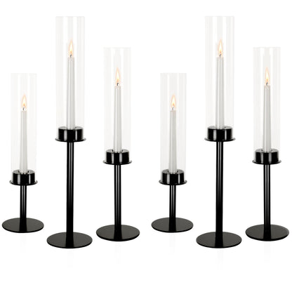 Ronasip Hurricane Candle Holders Set of 6 Metal Candlestick Holder for Glass Taper Tall Candle Holders with Crystal Chimney Tube Candles Stands for Home Decor, Christmas, Dinning (6, Black)