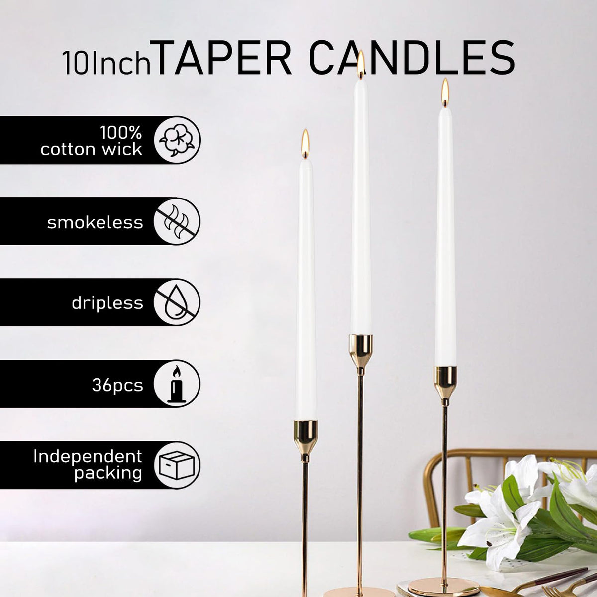 Grcdoyvl 36 Pack White Taper Candles 10 Inch - Premium Unscented Dripless & Smokeless Long-Burning Candles for Wedding Decor, Fine Dining, Candelabras, Romantic Dinner, and Elegant Home Decor