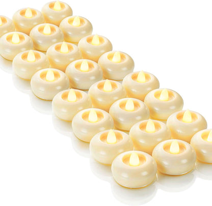 Homemory 24 Pack 2” Flameless Led Floating Candles, 200 Hour Battery Operated Flickering Waterproof Tealights for Cylinder Vases, Centerpieces at Wedding, Party, Pool, Holiday (Ivory Base)