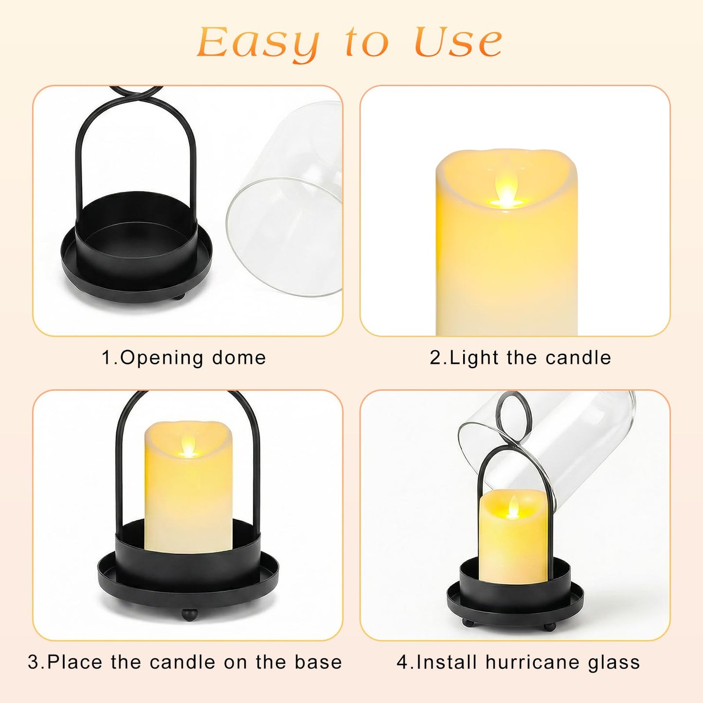 Fohil 5" & 4" Hurricane Glass Candle Holders, Set of 2 Metal Candle Holder with Handmade Sturdy Glass Dome, Candle Lantern for Pillar Candles, Plants, Table Centerpiece, Home Decor