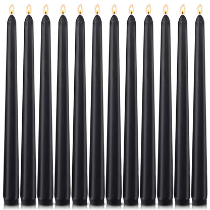 12-Pack Black Taper Candles, 10 Inch Unscented Dripless Candlesticks, Long-Lasting Burn Time of 7-8 Hours, Perfect for Halloween Decor Parties Meditation and Home Ambiance