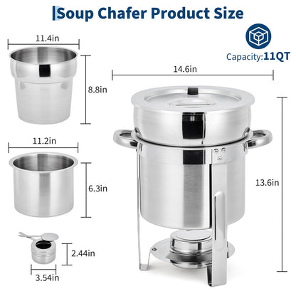 Commercial 11QT Soup Chafer Set, 2 Pack Stainless Steel Round Food Warmers Set with Pot, Notched Lids & Fuel Containers, Soup Warmers Ideal for Buffet Service & Event Catering