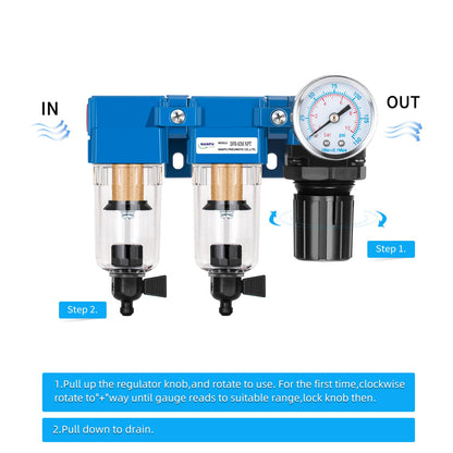 NANPU 1/4" NPT Air Drying System - Double Air Filters, Air Pressure Regulator Combo - Manual Drain, Poly Bowl - DFR-02M