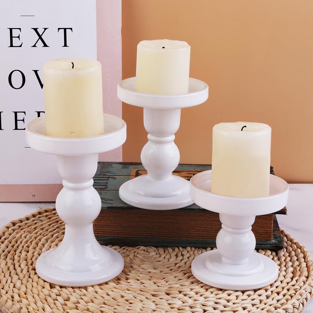 BTGLLAS 3-Piece Set of White Glass Candlestick, Crystal Candlestick Holder Holder and Conical Candle, Christmas Candle Holder Decoration, Family Living Room Wedding Candle Holder (white1set)