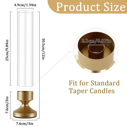 Hurricane Glass Candle Holders, Set of 6 Metal Taper Candlesrick Holders for Centerpieces Tall Gold Candle Stands Bulk with Glass Cylinder for Wedding Birthday Party Table Decor