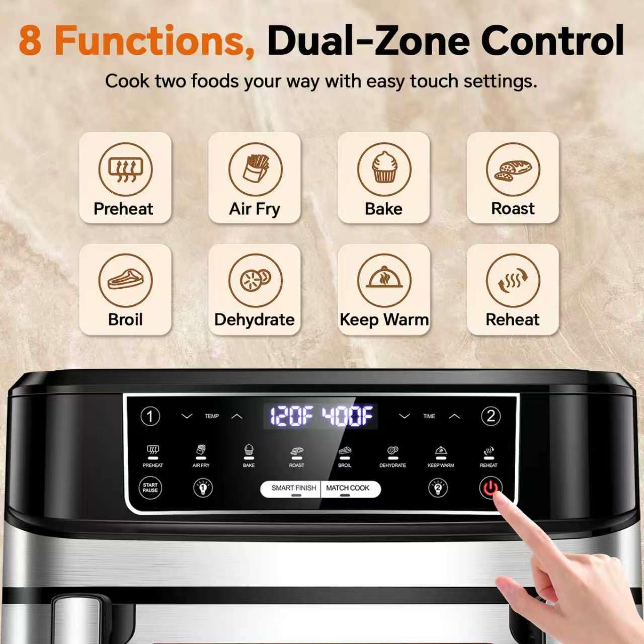 Emphsism 1600W Dual Zone Air Fryer Oven,12.69QT with Divider,Nonstick & Dishwasher-Safe Basket,Match Cook & Smart Finish to Roast,Recipes for Easy Cooking,Digital Touchscreen,Metal Sliver