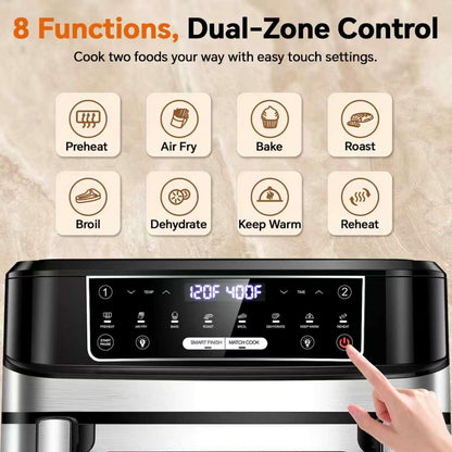 Emphsism 1600W Dual Zone Air Fryer Oven,12.69QT with Divider,Nonstick & Dishwasher-Safe Basket,Match Cook & Smart Finish to Roast,Recipes for Easy Cooking,Digital Touchscreen,Metal Sliver