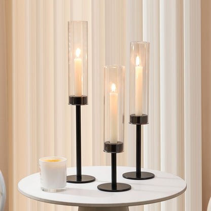 Black Hurricane Glass Candle Holders Set of 3, Tall Metal Taper Candle Stick Holder, Clear Candlestick Holders, Table Centerpieces Decor for Dining Dinner, Weddings, Christmas Fireplace Decorations