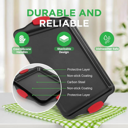 NutriChef 3-Piece Cookie Sheets for Baking, Non-Stick Baking Pans Set with Silicone Handles, Stackable Oven Trays in Small, Medium & Large Sizes for Professional and Everyday Use, 2026 Edition