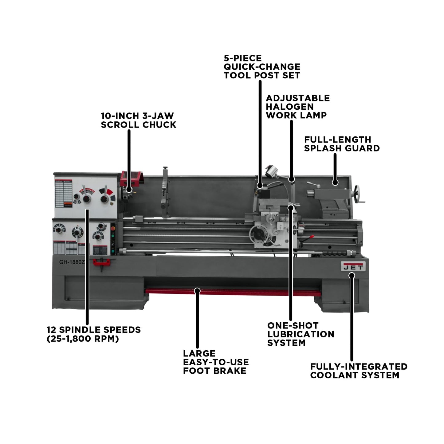 JET 18" x 80" Geared Head Metal Lathe, Taper Attachment, 3Ph 230/460V (Model GH-1880ZX)