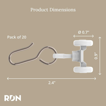 Room/Dividers/Now Curtain Track Hooks 20 Pack - Durable Ceiling Track Roller Hooks for Curtains - Smooth Glider Curtain Tracks Rollers for Dividers or Closet Use - White Plastic and Steel Construction