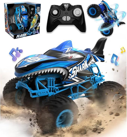 BEZGAR 1:16 Scale Remote Control Monster Truck - Shark Monster Truck Toys with 360° Spins and Drifting RC Car with Light and Music Remote Control Car for Boys 4-7 Kids Christmas Birthday Gifts